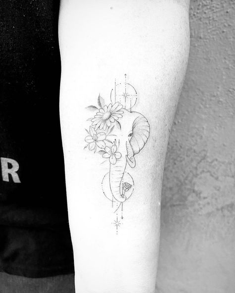 Done by InkbyRico Spine Tattoo Elephant, Elephant And Orchid Tattoo, Sabai Sabai Tattoo, Elephant Arm Tattoos For Women Forearm, Elephant Tattoos With Forget Me Nots, Elephant Fineline Tattoo, Unique Elephant Tattoos For Women, Linework Elephant Tattoo, Elephant Flower Tattoo Design