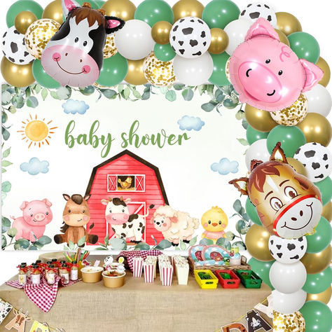 Sage Green Farm Animal Baby Shower Decorations - Farm Animals Balloon Garland Arch Kit with Backdrop, Cow Donkey Pig Foil Balloons for Farmhouse Theme Pregnancy Celebration Newborn Party Supplies #ad #babyshower #babyshowerideas #Babyshowersupplies #farmbabyshower #farmanimalbabyshower #farmanimals #barnanimalsbabyshower #Babyshowertheme Farm Animal Baby Shower Ideas, Farm Animal Baby Shower Theme, Barnyard Baby Shower Ideas, Newborn Party, Farm Backdrop, Farmhouse Theme, Farm Baby Shower, Animal Baby Shower Theme, Barn Animals