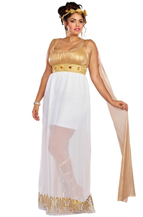 10 Plus Size Halloween Costume Ideas For Grown Women Plus Size Doll, Costumes Women Plus Size, Athena Costume, Toga Costume, Greek Costume, Leaf Headpiece, Goddess Athena, Diy Costumes Women, Plus Size Costume