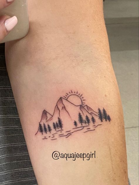 Simple tattoo, mountain and lake tattoo. Pine trees and mountain tattoo Sun And Trees Tattoo, Tree And Lake Tattoo, Sun And Moutain Tattoos, Lake Tahoe Tattoo Small, Simple Tattoos Mountain, Mountains And Lake Tattoo, Mountains And Pine Trees Tattoo, Mountain And Sun Tattoo Simple, Mountain With Lake Tattoo