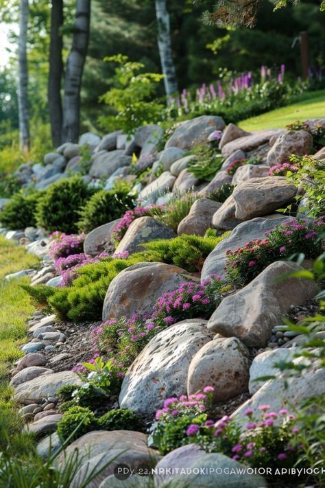 Large Rock Landscaping Ideas, Unique Landscaping, Landscaping On A Hill, Rock Landscaping Ideas, Front Garden Landscape, Sloped Backyard, Landscaping Retaining Walls, Rock Garden Design, Rock Landscaping