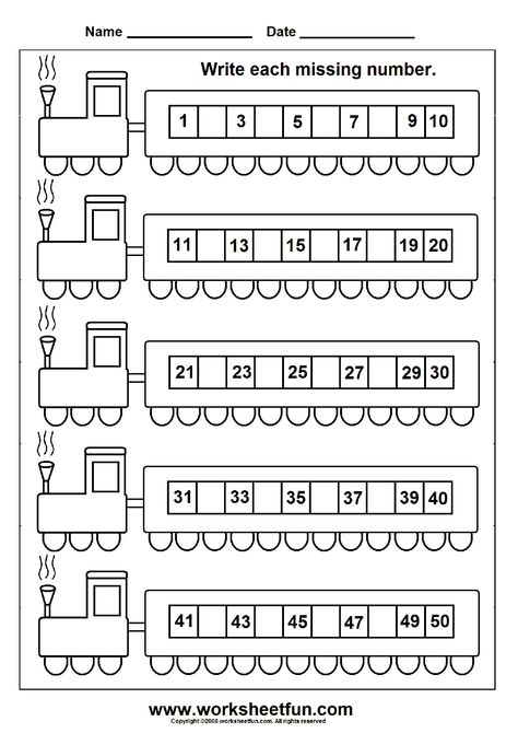 Missing Numbers (1-50) - Train - Worksheet 1 - Download    Missing Numbers… Number Worksheets Kindergarten, Numbers Worksheets, Missing Numbers, Kindergarten Math Worksheets, School Worksheets, Homeschool Math, Math Numbers, Free Printable Worksheets, Writing Numbers