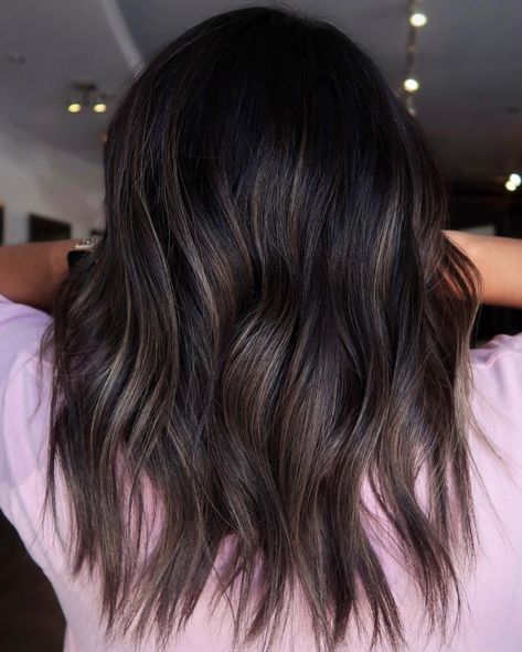 Brunette Balayage Ideas, Dark Hair Brunette Highlights, Cinnamon Partial Balayage, Cool Tone Brown Balayage Black Hair, Minimal Brunette Balayage, Dark Subtle Balayage, Dark Brown Hair With Subtle Balayage, Subtle Balayage Brunette Medium Length, Subtle Partial Highlights For Brunettes