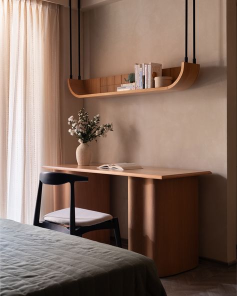 When reading desks are a requirement, we work a charm like this 😍 Just like the rest of the room, we kept the table minimal yet added bespoke legs that make a statement ❤️ Aligning the base to the curves used throughout the home, we created this masterpiece. A ceiling hung shelf completes the set up in perfect usability and aesthetics 🥰 . Photo credit: @nayansoni21 . . #studioipsa #workstation #studydesk #interiordesign #interiordesignideas #texturepaint #interiordesigninspiration #inte... Work Desks, Study Table Designs, 20 Aesthetic, Study Room Design, Workspace Inspiration, Study Table, Work Desk, Home Room Design, Residential Interior