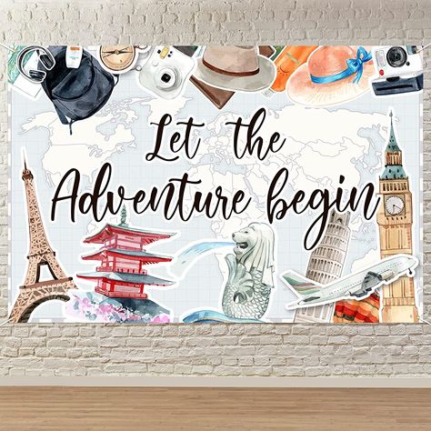 Travel Theme 50th Birthday Party, Travel Theme Photo Backdrop, Let The Adventure Begin Graduation Party, Adventure Awaits Graduation Party, Travel Theme Party Decorations, Travel Theme Party, Party Theme Decorations, Beta Club, Airport Theme