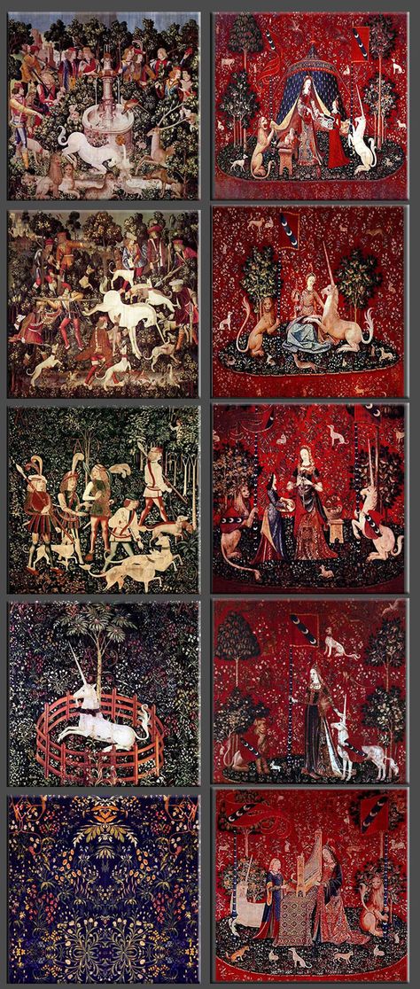 Unicorn Tapestry Tiles, Hunt for the Unicorn and Lady and the Unicorn tile sets.  The William Morris Tile adaptations of the Hunt for the Unicorn and Lady and the Unicorn are registered with the US Copyright office. You are free to use them for non-commercial purposes. Medieval Unicorn, Lady And The Unicorn, Unicorn Tapestry, Unicorn Tapestries, Medieval Aesthetic, Medieval Tapestry, Last Unicorn, The Last Unicorn, Unicorn Art