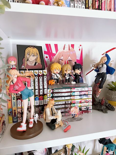 Manga Collection Shelf Aesthetic, Small Manga Shelf, Csm Power Manga, Manga Collection Shelf, Manga Collection Room Aesthetic, Anime Shelf Ideas, Manga Bookshelf Aesthetic, Manga Shelf Aesthetic, Manga Shelf Ideas