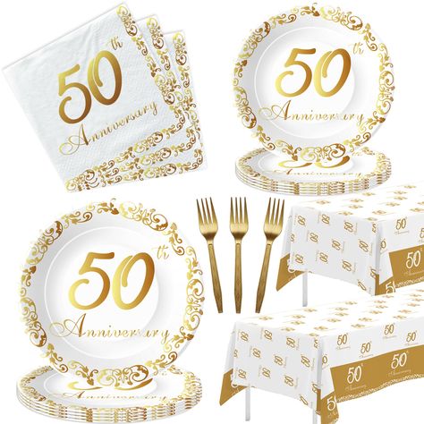 PRICES MAY VARY. 【Package Included】Our 50th wedding anniversary plates dinnerware included 24pcs 9'' 50th anniversary dinner plates, 24pcs 7'' 50th dessert plates, 24pcs 50th paper napkins, 24pcs disposable forks, 2pcs 50th anniversary tablecloth, for happy 50th wedding decorations party supplies 【50th Anniversary Table Decorations】Happy anniversary! Our 50th-anniversary party decorations dinnerware set is designed in gold color, this wedding anniversary decorations set can completely meet your Anniversary Table Decorations, 50th Anniversary Table Decorations, 50th Anniversary Table, Anniversary Plates, 50th Anniversary Party Decorations, Anniversary Dessert, 50th Wedding Anniversary Decorations, 50 Year Anniversary, Wedding Anniversary Party Decorations