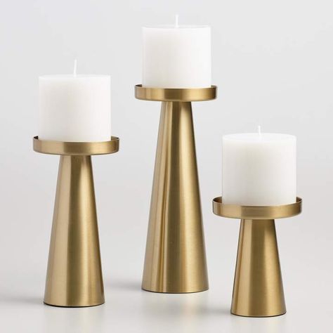 Cost Plus World Market Brushed Gold Metal Contemporary Pillar Candleholder Gold Pillar Candle Holders, Gold Pillar Candles, Stable Style, Gold Candle Holders, Pillar Candle Holder, White Candle, Wood Candle Holders, Gold Candles, Pillar Candle Holders