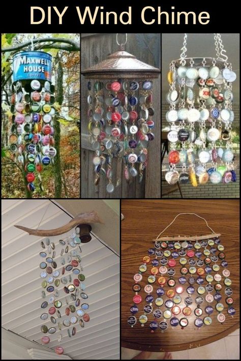 Bottle Cap Windchime, Projects With Bottle Caps, Bottle Cap Wind Chime Diy, Button Wind Chimes, Metal Bottle Cap Crafts, Beer Caps Diy, Bottle Caps Ideas, Bottle Cap Wind Chime, Homemade Wind Chimes