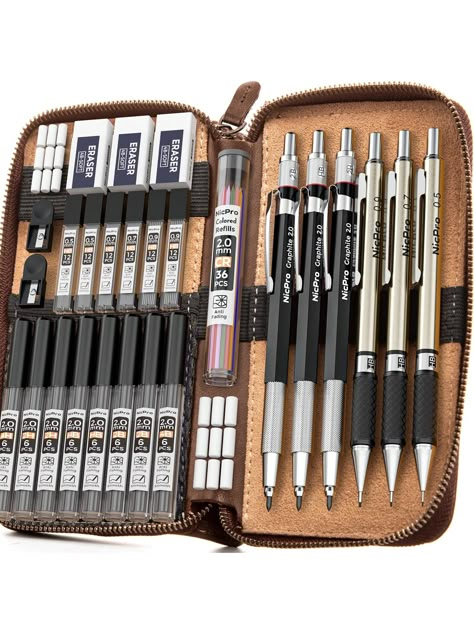 Black  Collar  PU Leather   Embellished   Writing & Correction Supplies Art Mechanical Pencils, Drawing Pencils Set, Cool Mechanical Pencils, Unique Art Supplies, Good Art Supplies, Japanese Mechanical Pencils, Artist Pencil Case, Pencils Mechanical, Drawing Equipment