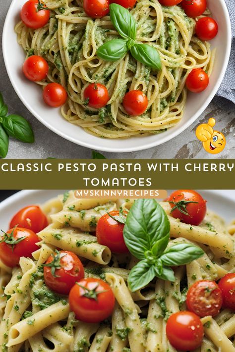 Delight your taste buds with our Classic Pesto Pasta! This quick and flavorful dish combines al dente pasta with fresh basil pesto, sweet cherry tomatoes, and Parmesan cheese. Perfect for a satisfying weeknight dinner or a weekend gathering with friends. Try it now #myskinnyrecipes Pesto Pasta With Cherry Tomatoes, Pasta With Pesto And Tomatoes, Basil Pesto Pasta Recipes, Tomato And Pesto Pasta, Pasta With Cherry Tomatoes, Fresh Basil Pesto, Basil Pesto Pasta, Cream Cheese Pasta, Comfort Recipes