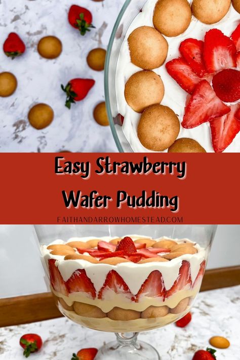 Easy Strawberry Wafer Pudding - Faith and Arrow Homestead Strawberry Vanilla Wafer Dessert, Strawberry Pudding With Vanilla Wafers, Strawberry Pudding Dessert, Strawberry Shortcake Pudding, Vanilla Wafer Dessert, Strawberry Banana Desserts, Potluck Recipes Dessert, Vanilla Pudding Recipes, Easy Strawberry Desserts