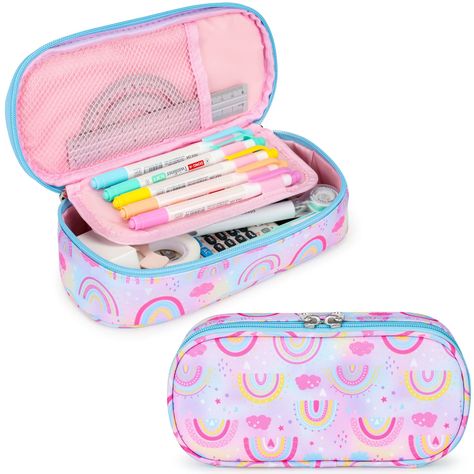 PRICES MAY VARY. ❤ Large Capacity Purple Rainbow Pencil Case: 9x4.1x2.4 inches(L*W*H), this pencil box for girls fits about 50 pens or 60 pencils; keep your stationery in place and easy to find; a wide compartment to fit markers, ruler, calculator, erasers, 1 inner mesh pocket for small items or accessories, 10 pen slots for frequently used pens or pencils ❤Long-lasting Girls Pencil Case: These water-resistant pencil case for kids are made of 900D long-lasting and tear-resistant material, you ca Pouch For School, Cute Pencil Pouches, Unicorn Pencil Case, Rainbow Pencil, School Pouch, Pencil Cases For Girls, Kids Pencil Case, Large Pencil Case, School Pencil Case