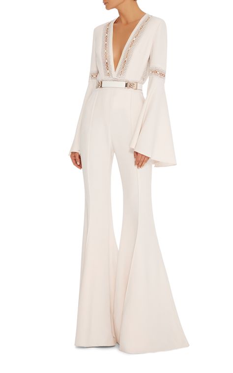 Elie Saab -- Flared Jumpsuit With Deep V-Neck With Lace Trim Plunge Jumpsuit, Bride Jumpsuit, Jumpsuit Lace, Flared Jumpsuit, Romper Long Pants, Noble Lady, Elegante Y Chic, Bridal Jumpsuit, Wedding Jumpsuit