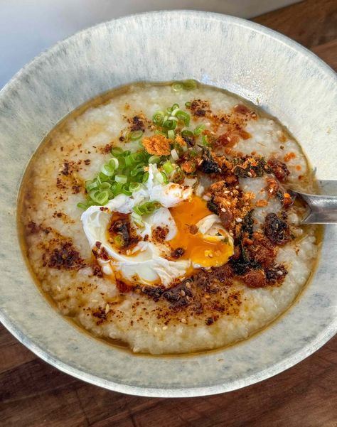 The Ultimate Congee (Jook/Chinese Rice Porridge/粥) Recipe | Verna Gao Chinese Jook Recipe, Congee With Egg, Savory Rice Porridge, Best Congee Recipe, Rice Porridge Instant Pot, Instant Pot Congee Rice Porridge, Porridge Recipes Chinese, How To Make Congee, Chinese Congee Recipe