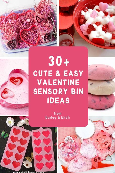 Celebrate the joy of Valentine's Day with over 30 easy, creative sensory bin and play activities for kids. Perfect for preschool and early learners, find ideas for valentine sensory bins, sensory bags, and bottles with hearts, chocolate, and flower themes. Engage kids of all ages in tactile and visually stimulating February sensory play with valentine playdoughs and DIY slimes perfect for the season of love. | from barley & birch Sensory Valentine Activities Kids, Valentines Day Eyfs, Valentine Sensory Bin Preschool, February Sensory Bin, Valentines Sensory Bin, Valentine Sensory Bin, Valentines Activities, Valentine Sensory, Sensory Play Ideas