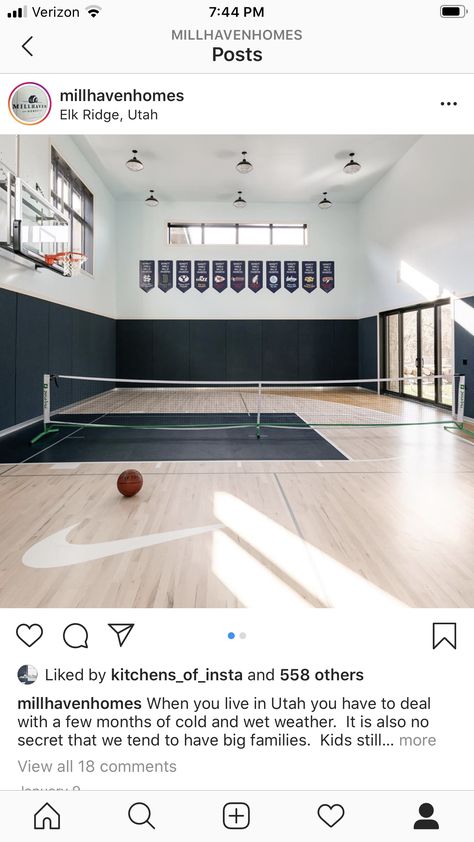 Home Indoor Sports Court, Sport Court Indoor, Indoor Pickleball Court Home, Basketball Garage, Above Garage Addition, Bball Court, Barn Gym, Indoor Pickleball, Indoor Sports Court