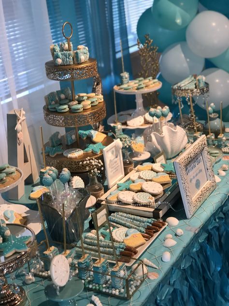 Ariel Themed Sweet 16, Under The Sea Quinceanera Theme Decoration, Under The Sea Snack Table, 50th Birthday Ocean Theme, Underwater Quinceanera Sea Theme, Under The Sea Decorations Prom, Ocean Sweet 16 Ideas, Coastal Sweet 16, Sweet 16 Under The Sea Theme