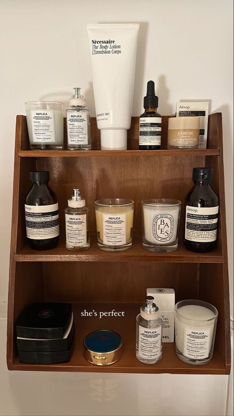 Makeup Organization Shelves, Self Care Cabinet, Bedroom Skincare Organization, Aesop Skincare Aesthetic, Replica Candle Aesthetic, Aesop Bathroom Aesthetic, Skincare Organizer Aesthetic, Bathroom Skincare Organization Aesthetic, Aesop Candle