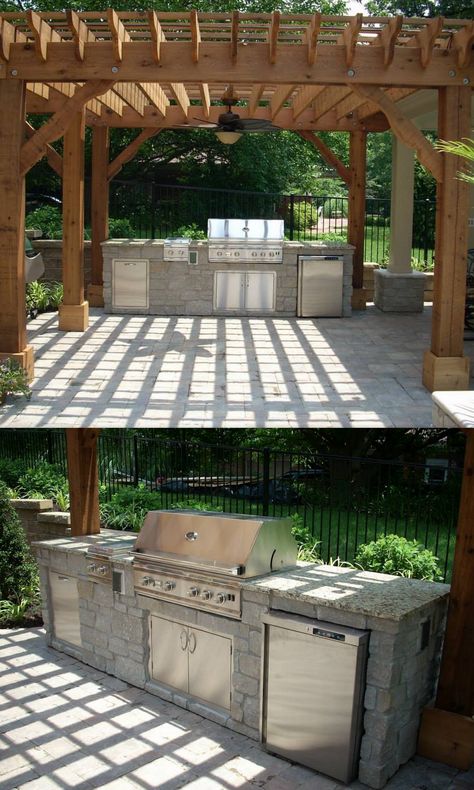 Outdoor kitchen under a pergola on a sunny day.  Looks like Heaven on earth. Backyard Grilling Area, Simple Outdoor Kitchen, Dining Table Ideas, Pool Pergola, Small Outdoor Kitchens, Outdoor Grill Station, Outdoor Cooking Area, Outdoor Kitchen Plans, Patio Pergola