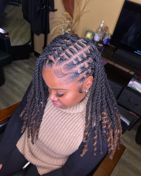 Loc’d by Lotus 🪷 | two strands + flat twists is always a fave 💞💞 • LIKE | SHARE | TAG ! #locs #locstyles #instantlocs #womenwithlocs #kidswithlocs… | Instagram Locs Flat Twist Style, Flat Twist With Locs, Loc Styled For Women, Loc Styles With Two Strand Twist, Two Strand Locs Styles, Graduation Locs Styles, Hair Down Loc Styles, Flat Twists On Locs, Locs In Braids