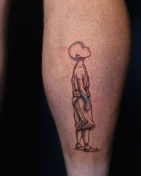 Aang from Avatar the last airbender done by @aliid_a | Instagram Avatar Uncle Iroh Tattoo, Avatar The Last Air Bender Tattoo Ideas, Avatar State Tattoo, Avatar Tattoos The Last Airbender, Avatar Korra Tattoo, Avatar Aang Tattoos, Atla Tattoo The Last Airbender, Avatar The Last Airbender Tattoo Ideas, Atla Tattoo Design