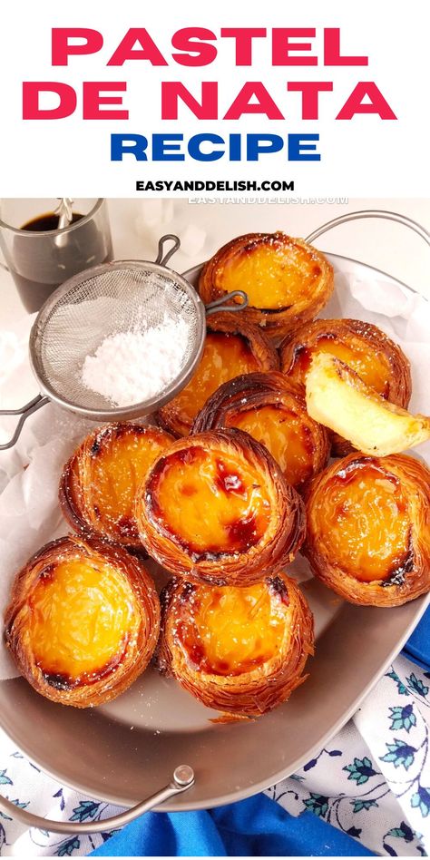 Portuguese Pastry Recipes, Portuguese Natas Recipe, Portuguese Tarts Pastel De Nata, Pastel De Nata Portuguese Recipes, Portuguese Custard Cups, Portuguese Recipes Dessert, Brazilian Pastries, Chicken Pastel Recipe, Portuguese Food Recipes