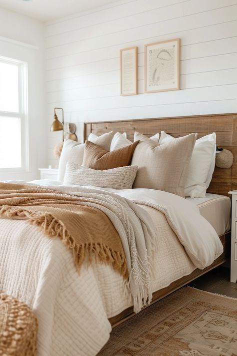 How to Decorate a Small Bedroom with a king size Bed Bedroom King Bed Decor, Neutral And Rust Bedroom, Earthy Modern Bedroom Aesthetic, Wooden Bed Styling, Bedroom Style Ideas Cozy, Tan Bedroom Ideas Neutral Tones, Earthy Vintage Bedroom, Boho Bedding Idea, Tan And White Bedroom