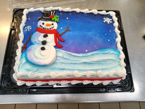 A 1/4 sheet cake iced in buttercream, decorated with a winter scene and snowman Winter Scene Cake, Christmas Sheet Cake Ideas, Winter Sheet Cake, Christmas Sheet Cake Designs, Buttercream Sheet Cake, Christmas Desserts Cakes, Dq Cakes, Winter Cakes, Cakes Christmas