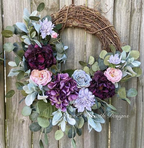 Purple Lambs Ear Wreath, Pink And Purple Wreath, Floral Grapevine Wreath, Purple Floral Wreath, Spring Grapevine Wreath Ideas, Purple Wreaths For Front Door, Grapevine Wreath Ideas, Purple Flower Wreath, Elegant Wreaths