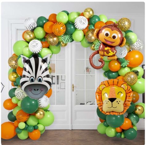 Jungle Balloon Arch, Safari Birthday Party Decorations, Safari Balloon, Jungle Theme Cakes, Jungle Balloons, Boys 1st Birthday Cake, Jungle Decorations, Jungle Theme Parties, Boy Birthday Decorations