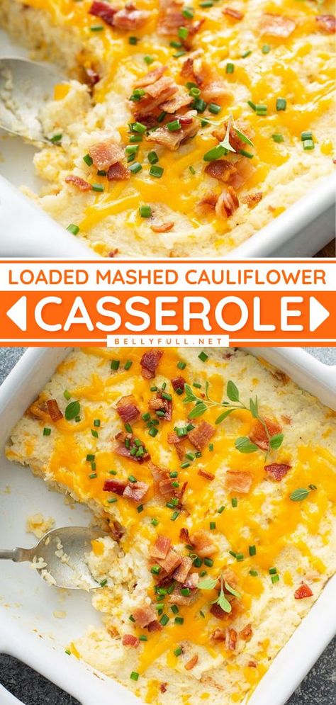 Loaded Mashed Cauliflower, Keto Mashed Cauliflower, Baked Potato Toppings, Mashed Cauliflower Recipe, Creamy Mashed Cauliflower, Cauliflower Casserole Recipes, Loaded Cauliflower Casserole, Potato Toppings, Gluten Free Sides Dishes