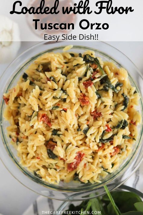 This Creamy Tuscan Orzo is an easy one pot recipe that’s full of flavor and super satisfying. Filled with sun-dried tomato, spinach, and Parmesan cheese in a creamy sauce, this orzo recipe works as either a side dish or a main course. Things To Make With Orzo Pasta, Mediterranean Orzo Recipes, Orzo Sun Dried Tomato Recipes, Orzo Spinach Recipes, Recipes With Orzo Pasta, Cold Orzo Pasta Salad, Creamy Tuscan Orzo, Orzo Recipes Healthy, Tuscan Orzo