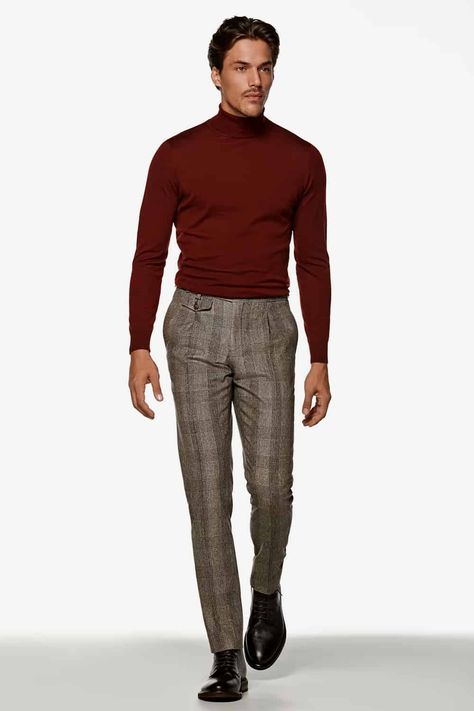 Brown Plaid Pants Outfit, Roll Neck Sweater Outfit, Brown Leather Boots Outfit, Mens Roll Neck Sweater, Turtleneck Outfit Men, Beige Pants Outfit, Mens Plaid Pants, Brown Pants Men, Holiday Luncheon