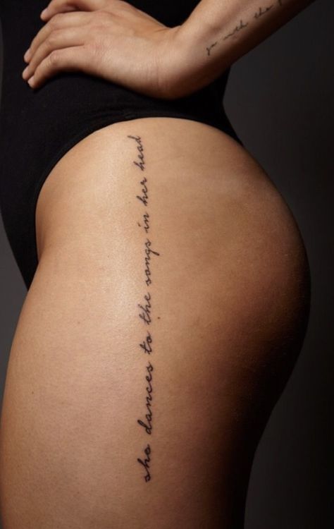 Vertical Rib Tattoo, Vertical Back Tattoo, Back Rib Tattoo, Hip Tattoo Quotes, Back Tattoo Quotes, Berg Tattoo, Small Thigh Tattoos, Thigh Tattoo Quotes, Hip Tattoo Designs