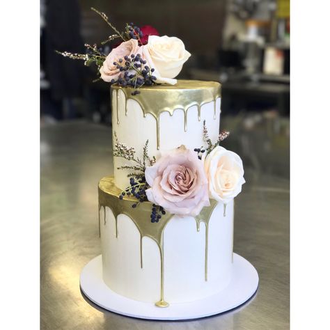 Two tier wedding cake with gold drip White Cake With Gold Drip, Two Tier Birthday Cake For Women, White And Gold Birthday Cakes For Women, 65th Birthday Cake For Women, Two Tier Drip Cake, Two Tier Birthday Cake, Wedding Cake Two Tier, Gold Drip Cake, Two Tier Wedding Cake