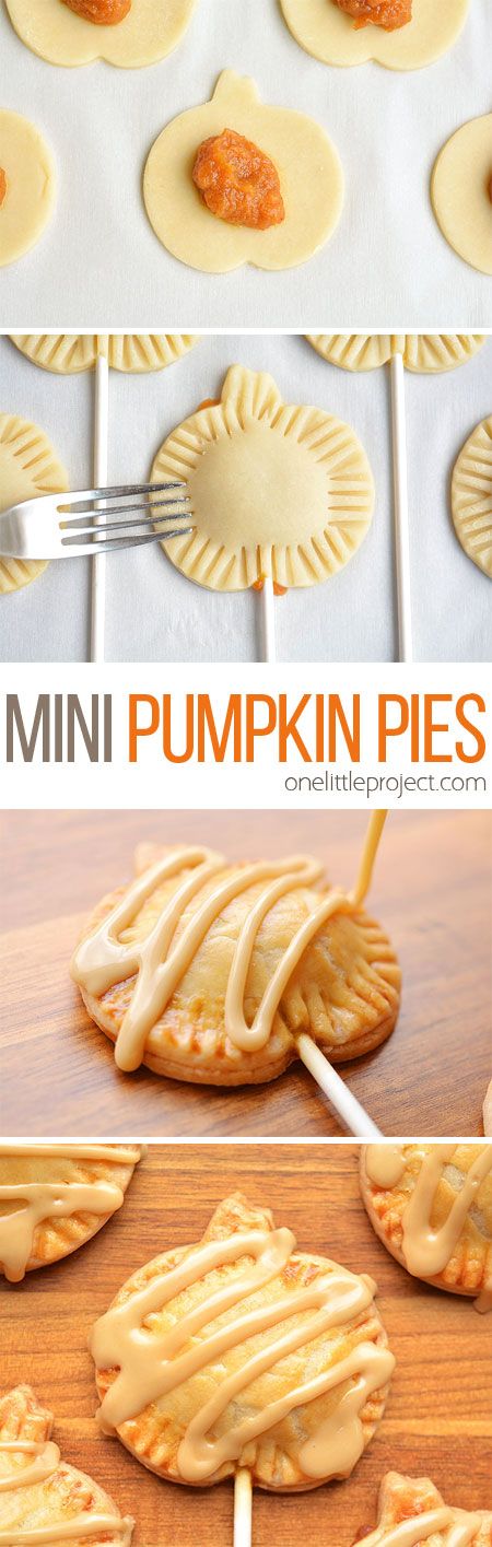 These mini pumpkin pie pops are SO CUTE!! They have all the flavours of pumpkin pie with an amazing maple sugar glaze on top. A perfect treat idea for Halloween or Thanksgiving! Handheld Pumpkin Pies, Pies Dessert, Mini Pumpkin Pie, Dessert Fall, Weight Watcher Desserts, Idea For Halloween, Pie Pops, Mini Torte, Mini Pumpkin Pies