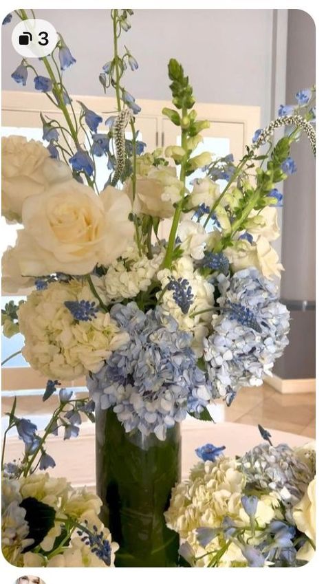 Slate Blue Wedding Centerpieces, Blue Gold Floral Arrangements, Entrance Table Flower Arrangement, Blue And Green Hydrangea Centerpiece, Blue Hydrangea And White Roses Flower Arrangements, Large Blue Floral Arrangements, Blue And White Hydrangea Arrangements, Blue Gold White Floral Arrangements, Blue Vase White Flowers