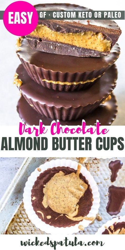 Easy Paleo Dark Chocolate Almond Butter Cups - These dark chocolate almond butter cups are so EASY! Less than 10 minutes prep time, with options for paleo almond butter cups or keto almond butter cups. The perfect quick almond butter dessert. #wickedspatula #chocolate #almondbutter #paleo #paleorecipes #keto #ketorecipes #desserts Chocolate Almond Butter Cups, Almond Butter Dessert Recipes, Almond Butter Dessert, Chocolate Almond Butter Recipe, Almond Butter Keto, Heathy Treats, Paleo Dessert Recipes Easy, Almond Butter Cups, Almond Butter Chocolate