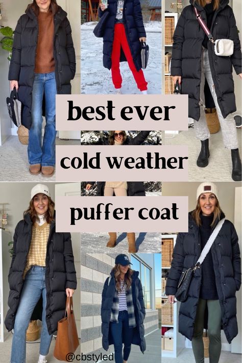 Hunter Boots Winter Outfit Snow, Puffy Winter Jacket Outfits, Womens Long Puffer Coat, Puffer Jacket Outfit Europe, Black Padded Coat Outfit, Navy Puffer Coat Outfit, Winter Outfit Outdoor, Black Puffer Outfits For Women, Black Puffer Coat Outfit Winter