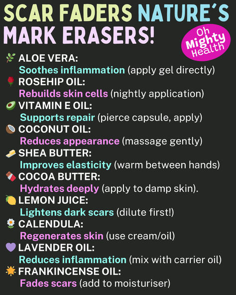 Colourful, vibrant text based infographic with a list of natural ingredients for scars. The list is enhanced with emojis and tells the reader how that particular natural ingredient works on the scars together with a very succinct guide on how to apply. Skin Elasticity Remedies, What To Put On Burns On Skin, Face Scars Removal, How To Get Rid Of Scars, Textured Skin Remedies, How To Heal Scars, Scar Healing Remedies, How To Fade Scars, Get Rid Of Scars