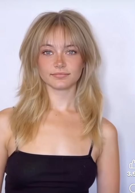 Rock Girlfriend Hair, Long Thick Hair Hairstyles With Layers, Blonde Hair Front View, Long Blonde Shag With Bangs, Shaggy Wolf Cut Medium Hair Straight, 90s Bangs Haircut, 80s Haircuts For Women, Butterfly Haircut With Fringe, Wolfcut Blonde Hair