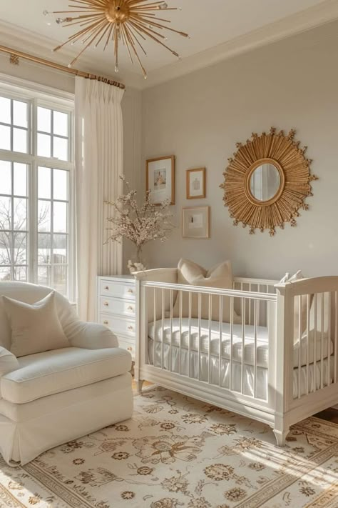 Nursery With Two Windows, Nursery Modern Neutral, Neutral Nursery For Girl, Modern Neutral Nursery Ideas, Cute Girl Nursery Ideas, Cream And White Nursery, Neutral Cozy Nursery, Beige Nursery Room, Neutral Baby Girl Room