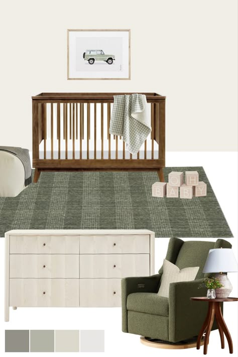 Nursery decor mood board with a dark brown crib and green accent tones! Masculine nursery decor ideas Dark Wood Nursery, Nursery Rugs Boy, Tilly Upholstered Bed, Green Baby Nursery, Green Nursery Boy, Brown Crib, Brown Nursery, Boys Nursery Decor, Nursery Decor Ideas