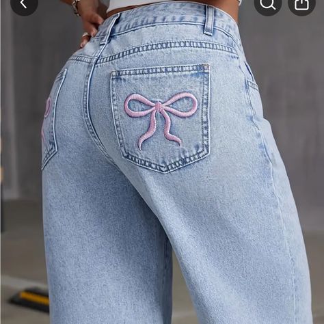 Brand New, Perfect Condition Preppy Pants, Bow Jeans, Wide Legged Jeans, Embroidered Bow, Jean Pockets, Light Blue Jeans, Star Jeans, Cute Jeans, Embroidered Jeans