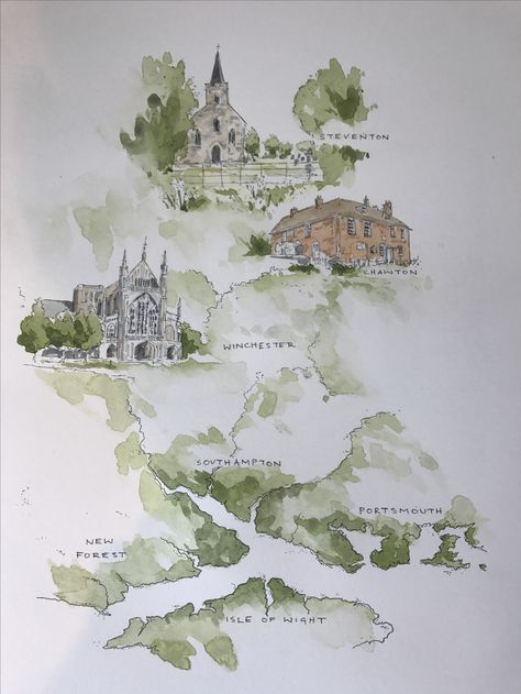 Map of Jane Austen's Hampshire - custom watercolour commission www.thesuburbanartist.co.uk Jane Austen Map, Jane Austen Watercolor, Watercolor Map Wedding, Wedding Map Illustration, Map Art Illustration, Watercolour Map, Painted Map, Watercolor Wedding Map, Map Wedding Invitation