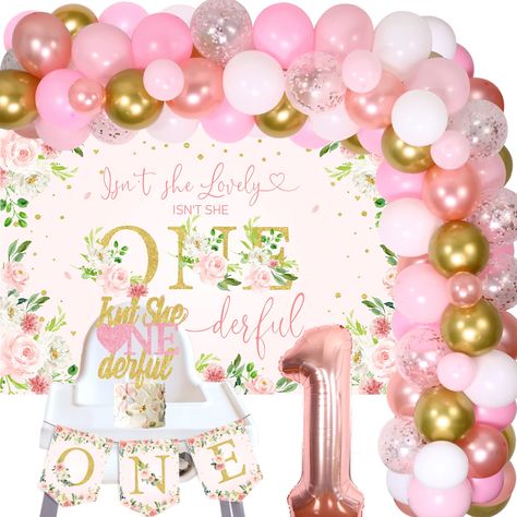 PRICES MAY VARY. ❀Isn’t she lovely isn’t she onederful decor include❀You will get a sweet and lovely 1st birthday party balloon decorations set, including isn’t she lovely isn’t she onederful theme floral backdrop, pink gold isn’t she lovely isn’t she onederful cake topper, ONE 1st birthday highchair banner, rose gold number 1 foil balloon, Rose pink and gold balloon garland in total. Perfect for the elegant and lovely baby girl. ❀Wide Application❀We recommend our floral theme isn't she lovely i Miss Wonderful First Birthday, Baby Girl First Birthday Decorations, Rose Balloon Garland, Onederful Birthday Party Girl, Floral Birthday Decorations, Onederful Cake, Rose Balloon, One Highchair Banner, Backdrop Pink