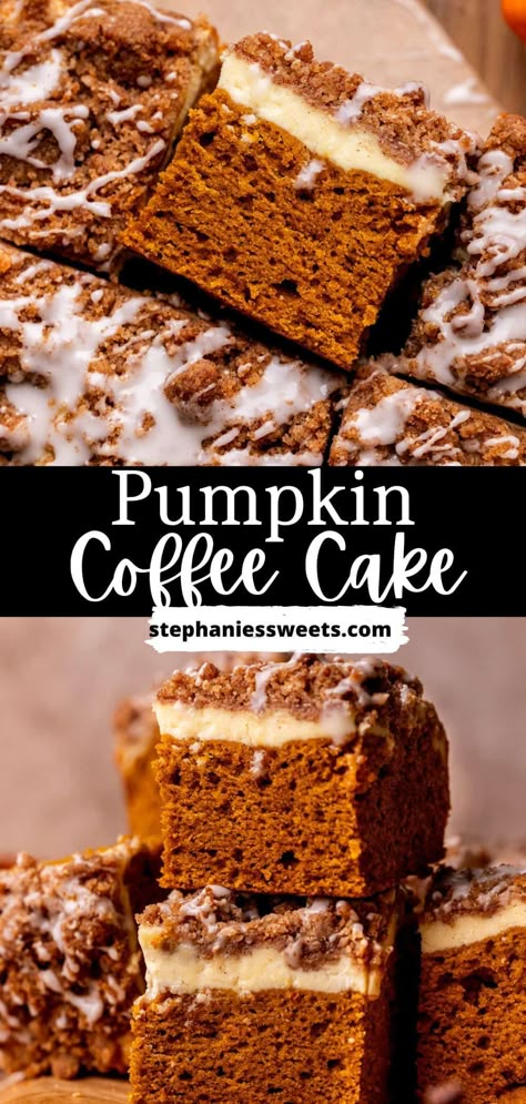 This pumpkin coffee cake is perfect to make this fall. It has a soft pumpkin cake, layer of cream cheese, topped with a crumb topping and a vanilla icing. Easy Pumpkin Recipes Desserts, Pumpkin Banana Muffins, Pumpkin Coffee Cake, Cinnamon Crumble, Pumpkin Cream Cheese Muffins, Cream Cheese Topping, Pumpkin Coffee Cakes, Breakfast Recipes Sweet, Fall Morning