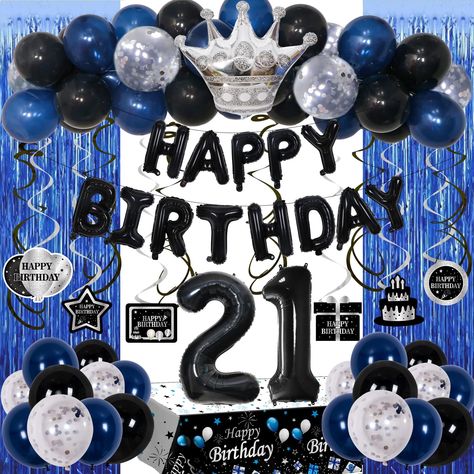 PRICES MAY VARY. 💙21st Birthday Decorations for Him Her - 73PCS 21st birthday decorations include 1 x black HAPPY BIRTHDAY Balloons banner, 1 x 32" number 21 foil balloon, 2 x blue fringe curtains, 1 x birthday tablecloth, 6 x happy birthday pattern card, 6 x black hanging swirls, 6 x silver hanging swirls, 20 x 10” dark blue balloons, 21 x 10”black balloons, 10 x 12” silver confetti balloons, 1 x 12” crown foil balloon, 1 x balloon chain, 1 x dot stickers, 1 x ribbon. 🖤Blue and Black 21 Birth Black And Blue Party Decorations For Men, Boys 21st Birthday Ideas Decorations, 21 Sign Birthday, 21 Bday Party, Blue Birthday Themes, Bday Party Decor, Birthday Decorations For Him, 21st Birthday Balloons, 21 Balloons